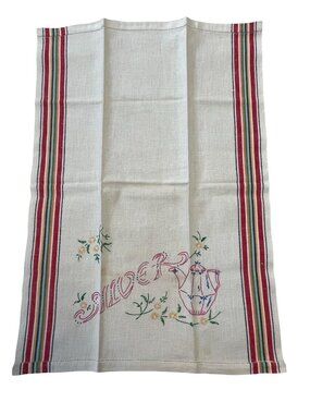 Vintage Embroidered Tea Towel Teapot Silverware Motif Cottage Floral Stripe Kitc